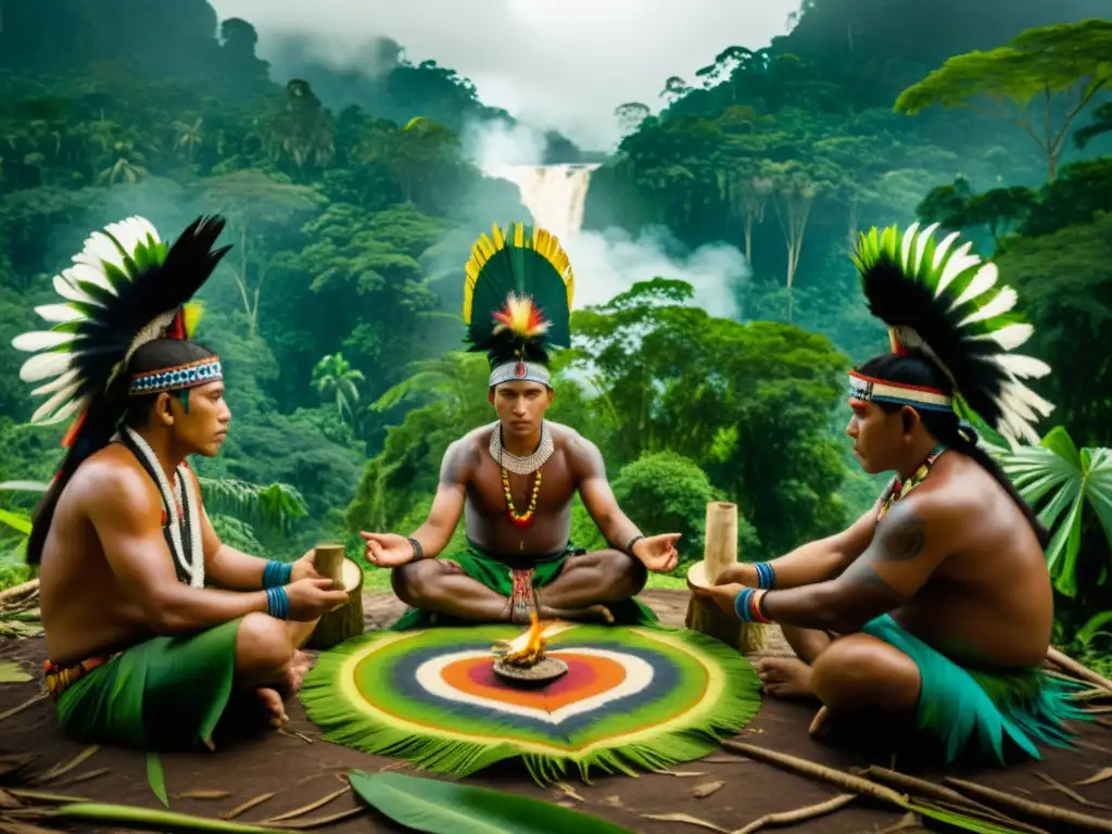 Un grupo de chamanes amazónicos realiza un ritual de sanación en la exuberante selva, creando una atmósfera mística y ancestral