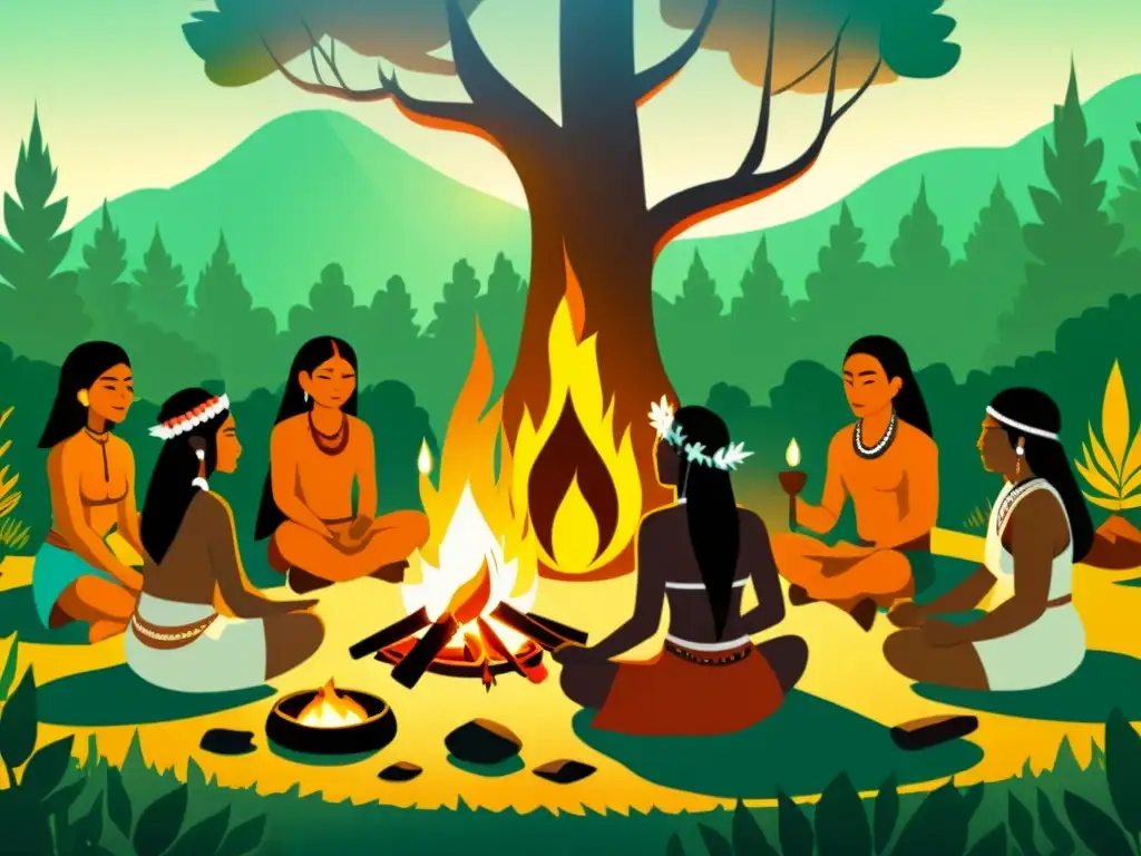 Un grupo de chamanes e herbalistas indígenas realizan un ritual en el bosque, exudando sabiduría ancestral y técnicas conservación conocimiento herbolario