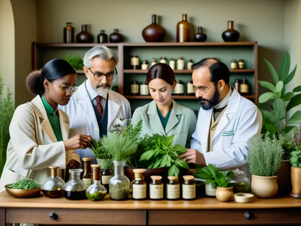 Un grupo de científicos de diferentes países colabora en la investigación de medicina tradicional, examinando hierbas y plantas medicinales