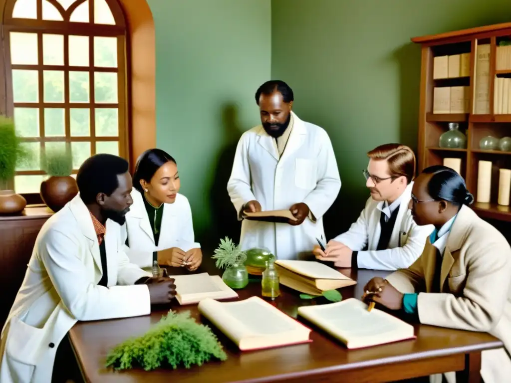 Un grupo de científicos y sanadores tradicionales colaboran en una mesa, simbolizando la colaboración entre medicina ancestral y científica