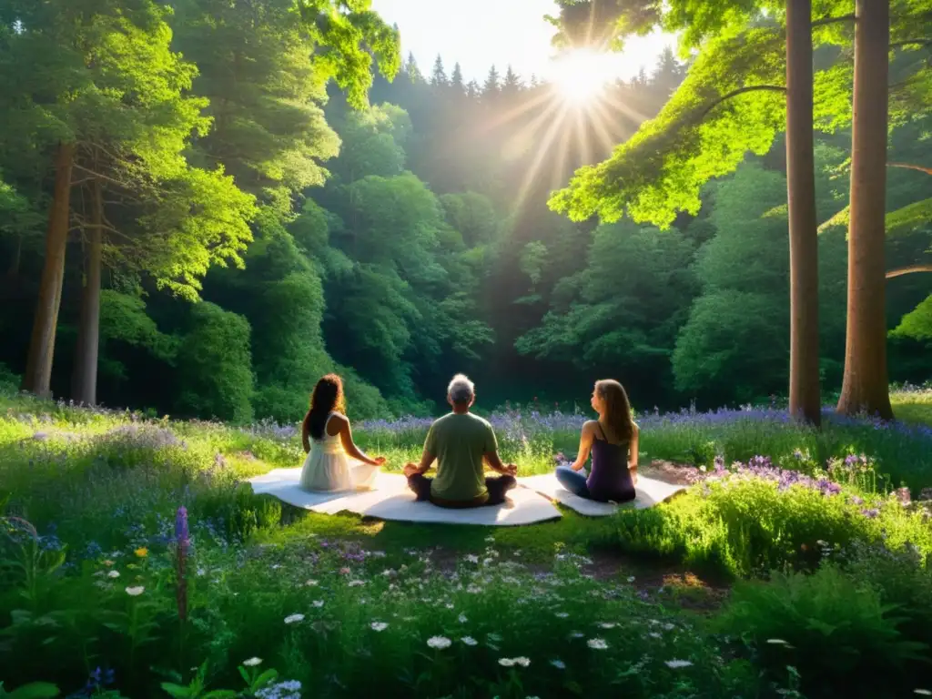 Grupo en círculo meditando en el bosque con expresiones serenas