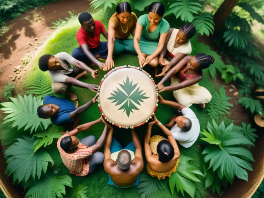 Grupo en círculo con tambores en bosque, muestra el poder terapéutico del tambor en curación en una atmósfera serena y comunitaria