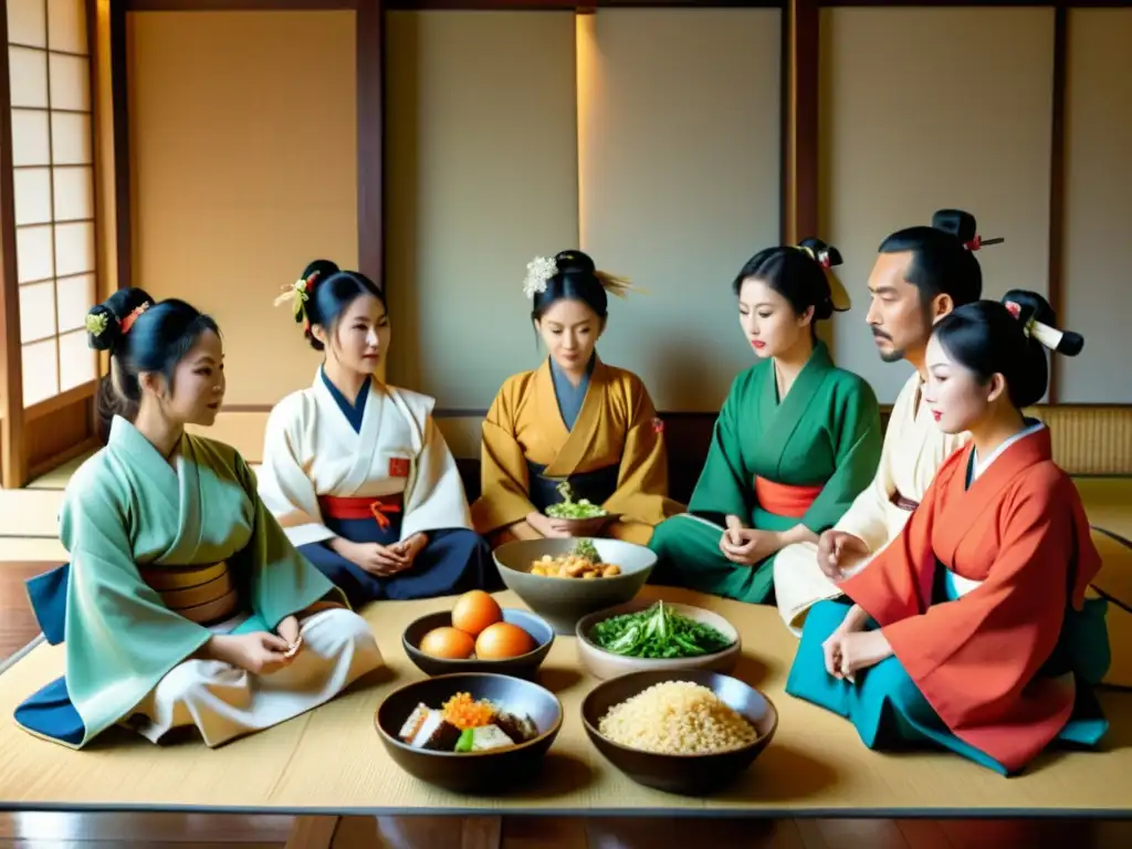 Un grupo de samuráis disfruta de una comida en un entorno tradicional japonés, mostrando disciplina y control en su dieta tradicional samurái Japón