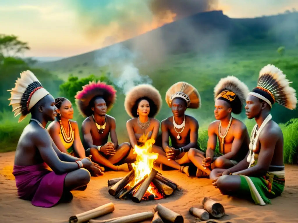 Un grupo de curanderos africanos se reúnen alrededor del fuego en una ceremonia de sanación, con atuendos tradicionales y exuberante vegetación