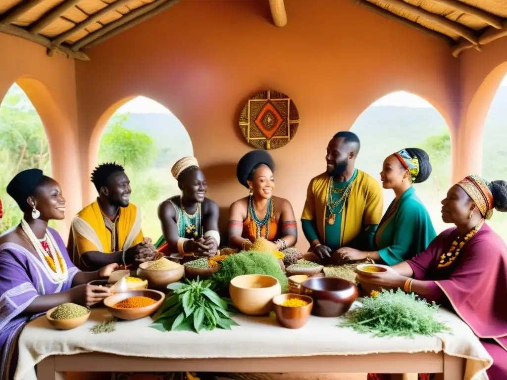 Un grupo de curanderos africanos discutiendo sobre hierbas y remedios naturales en una escena auténtica y vibrante de medicina tradicional africana