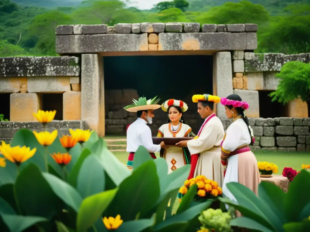 Grupo de curanderos en una ceremonia de sanación rodeados de vegetación exuberante y flores vibrantes en la península de Yucatán