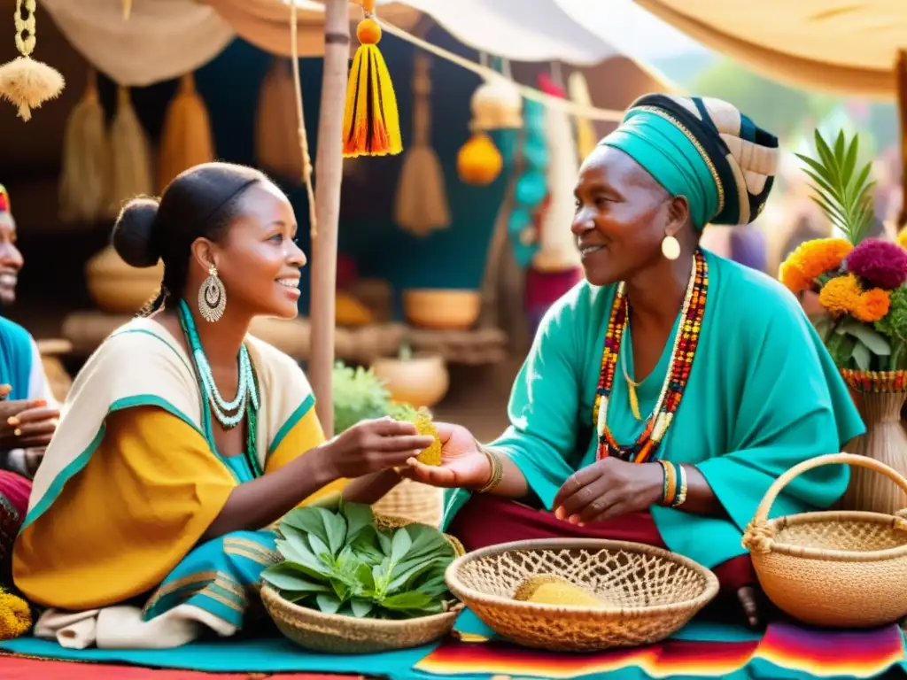 Grupo de curanderos de diversas culturas en un bullicioso mercado, compartiendo sabiduría de medicina tradicional en diferentes culturas