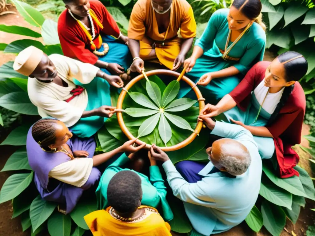 Grupo de curanderos de distintas culturas en círculo, rodeados de vegetación exuberante y vestimenta tradicional colorida