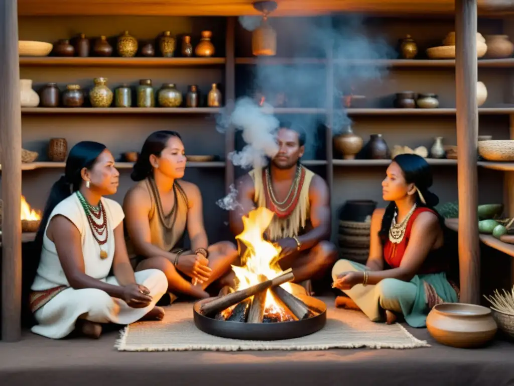 Un grupo de curanderos indígenas se reúnen alrededor del fuego en una ceremonia de sanación, rodeados de hierbas y herramientas tradicionales