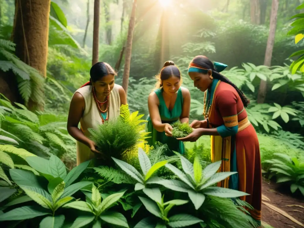 Curanderos indígenas recolectando hierbas medicinales en la selva Grupo de curanderos indígenas recolectando hierbas medicinales en un bosque exuberante