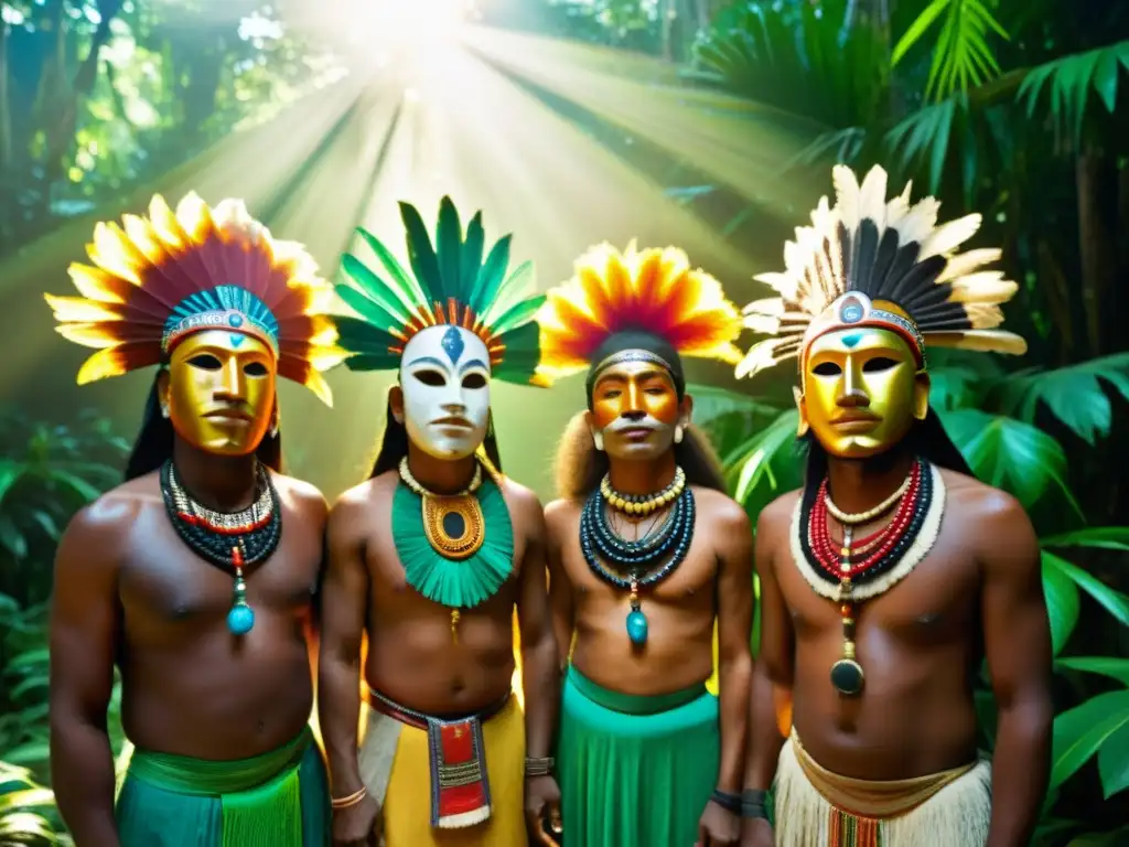 Un grupo de curanderos indígenas con máscaras rituales medicina rodeados de la densa selva, representando el significado de máscaras rituales medicina