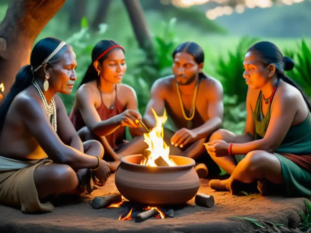 Un grupo de curanderos indígenas preparando medicina tradicional en comunidades rodeados de naturaleza y fogata