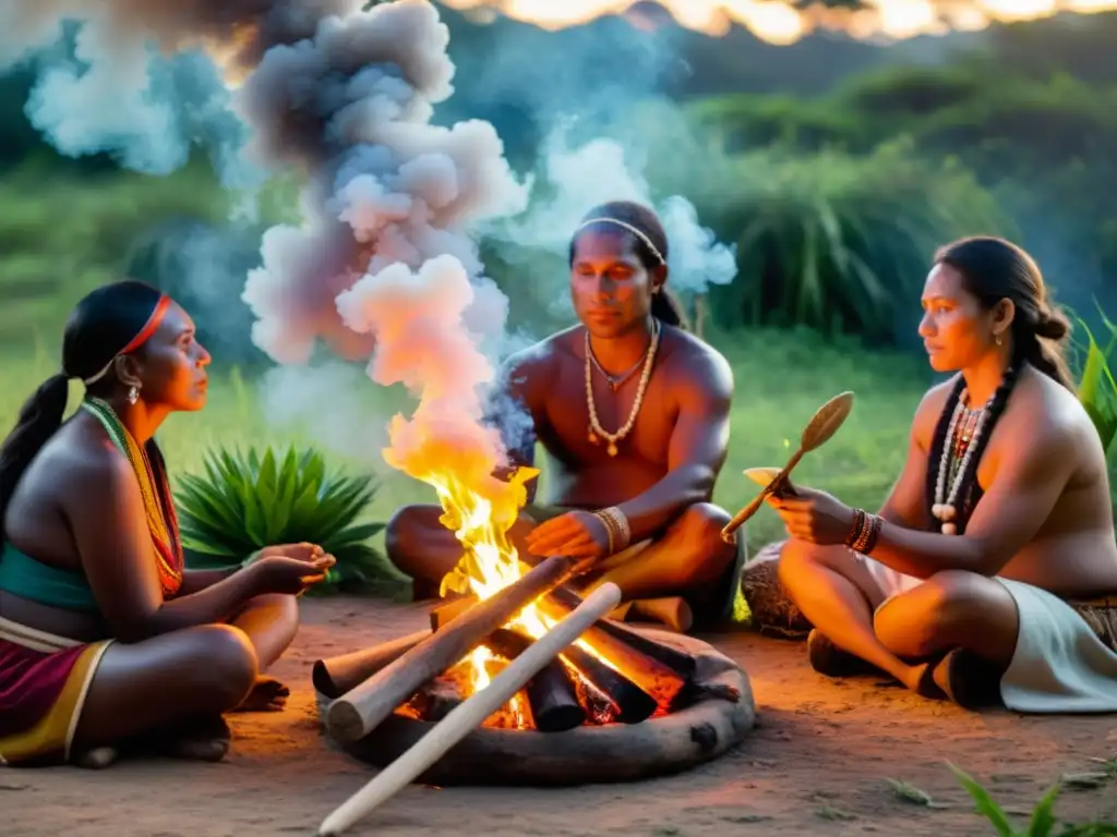 Grupo de curanderos indígenas en ritual alrededor del fuego, con plantas medicinales