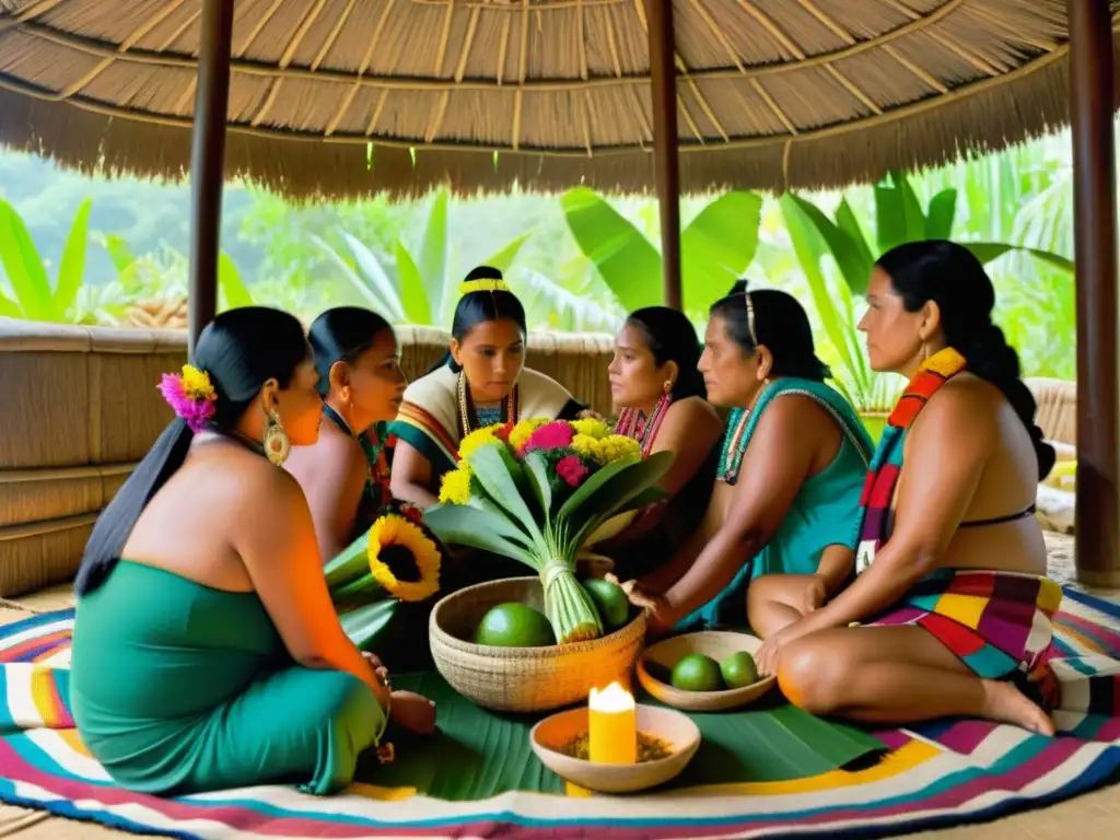 Un grupo de curanderos mayas realizando prácticas medicinales en una palapa tradicional de la península de Yucatán