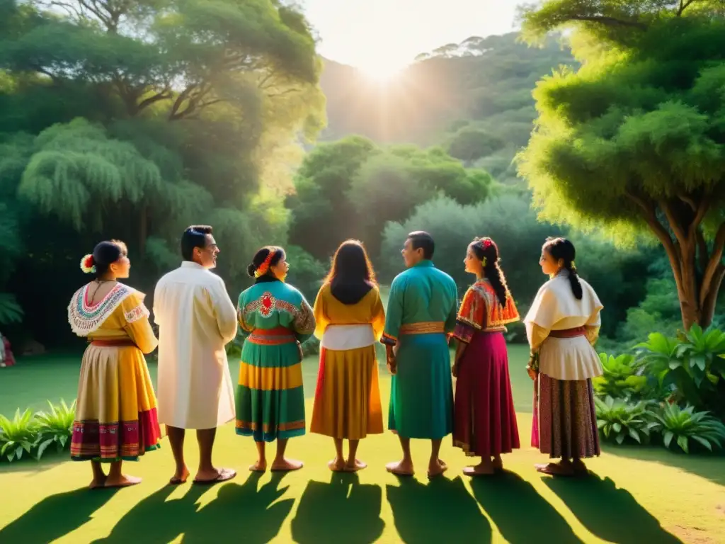 Grupo de curanderos en retiro de medicina tradicional, realizando una ceremonia de sanación en un entorno natural místico y sagrado