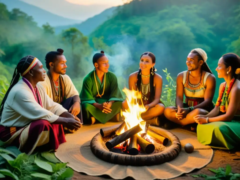 Un grupo de curanderos en retiros de medicina tradicional realizando una ceremonia sanadora alrededor de una fogata en un bosque exuberante