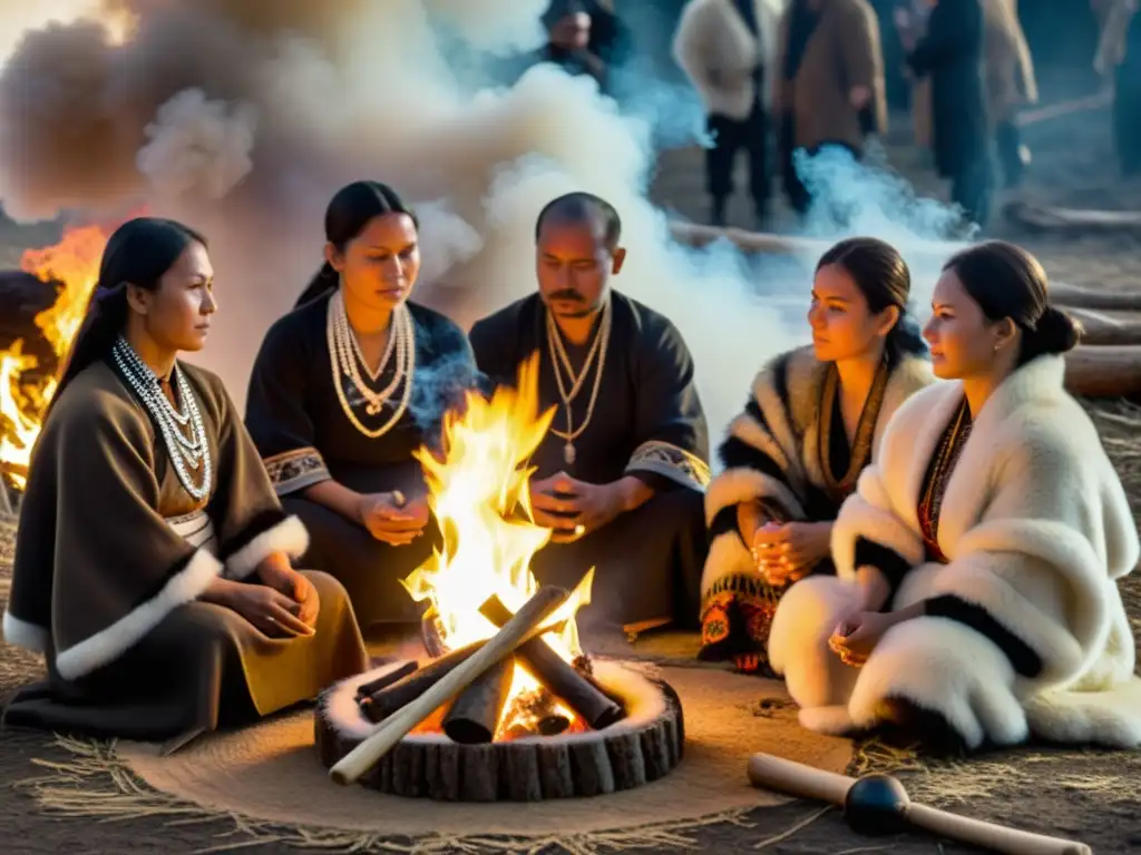 Grupo de curanderos siberianos realizando una ceremonia de sanación alrededor del fuego