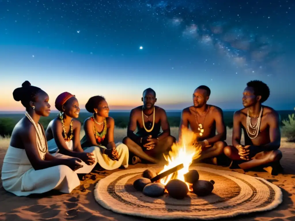 Grupo de curanderos tradicionales africanos realizando una ceremonia de sanación alrededor del fuego en la noche estrellada