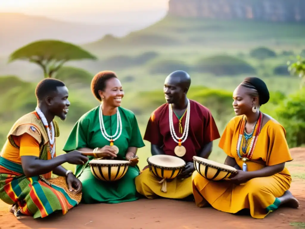 Un grupo de curanderos tradicionales africanos realizando una ceremonia musical en un paisaje exuberante al atardecer