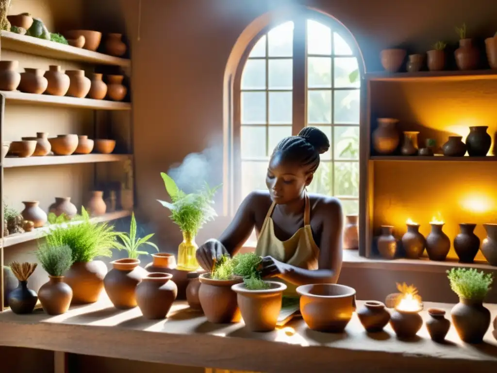 Un grupo de curanderos tradicionales africanos preparando hierbas en una atmósfera serena