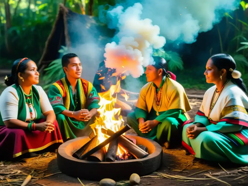 Grupo de curanderos tradicionales realizando un ritual de sanación en el bosque