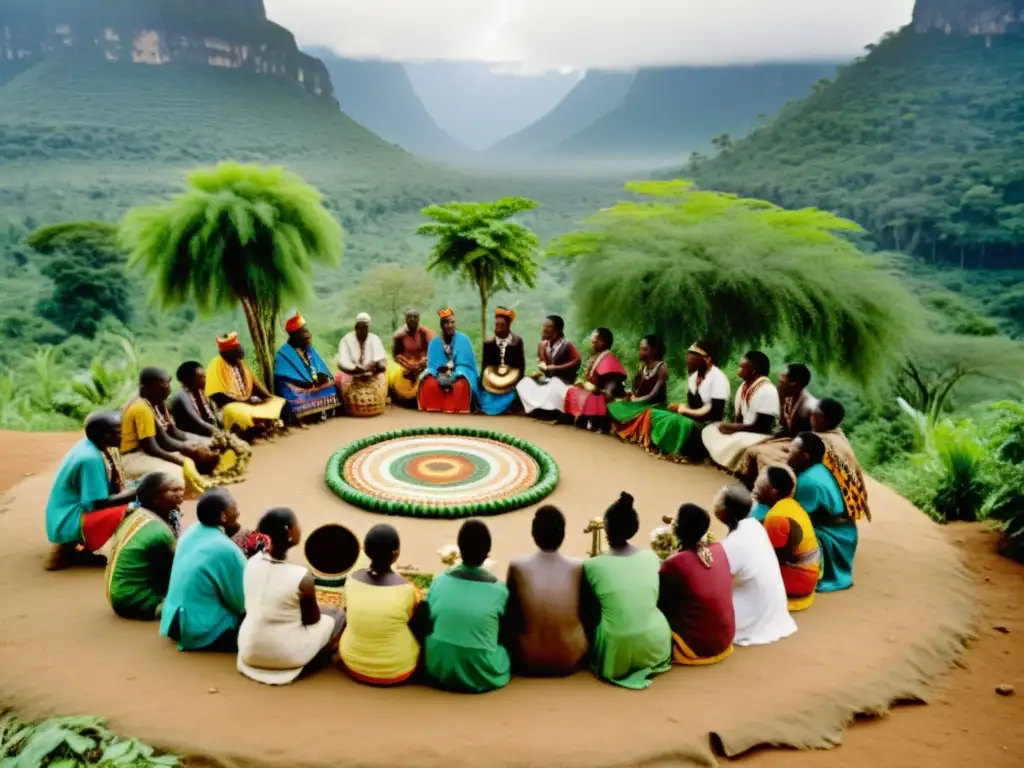 Un grupo de curanderos tribales africanos realiza un ritual de curación en un exuberante bosque