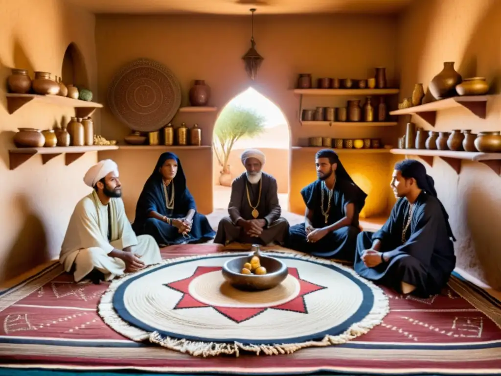 Grupo de curanderos Tuareg preparando medicina tradicional en el desierto del Sahara