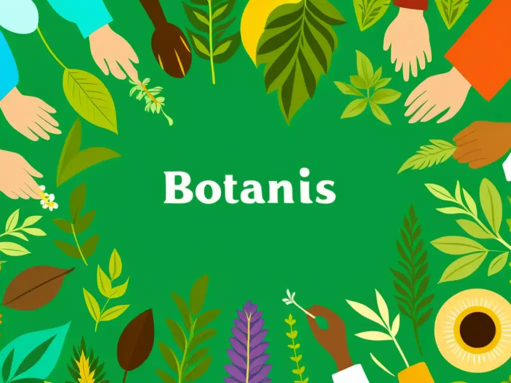 Un grupo diverso de botánicos y herbolarios de todo el mundo colaborando en un exuberante bosque, rodeados de plantas medicinales