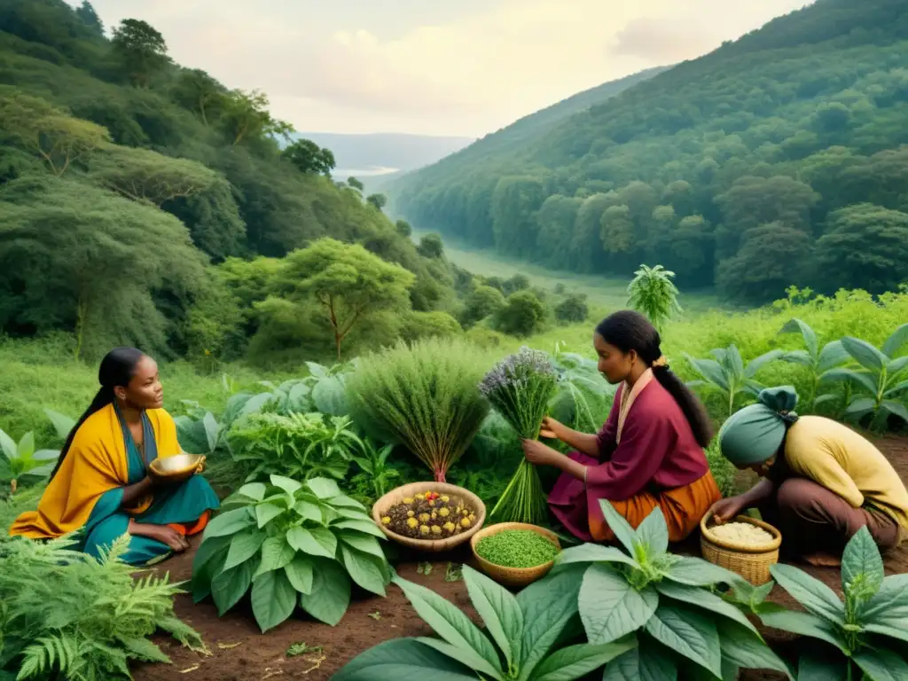 Un grupo diverso de herbolarios tradicionales de todo el mundo, recolectando plantas medicinales en un claro forestal exuberante