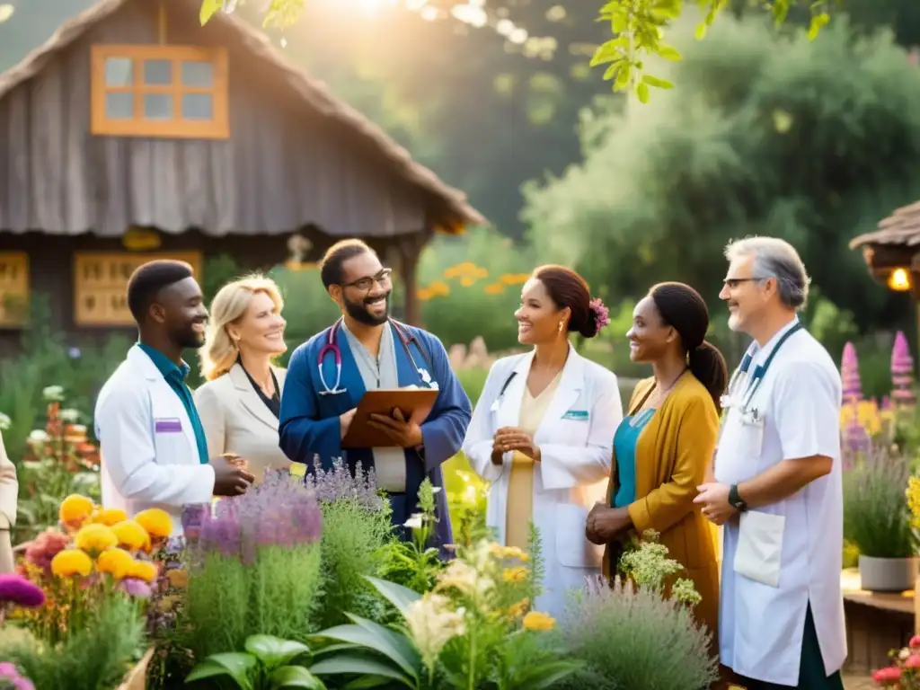 Un grupo diverso de médicos y sanadores de todo el mundo conversan animadamente en un jardín de medicina tradicional