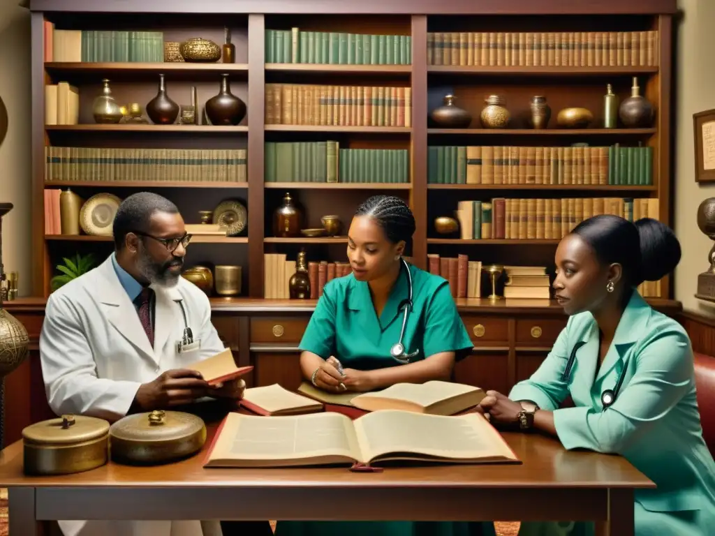 Un grupo diverso de profesionales médicos, antropólogos y sanadores tradicionales colabora en una animada discusión en una habitación ricamente decorada