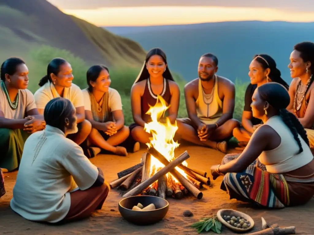 Un grupo diverso de sanadores indígenas se reúne alrededor de una fogata, compartiendo saberes de medicina tradicional de comunidades indígenas