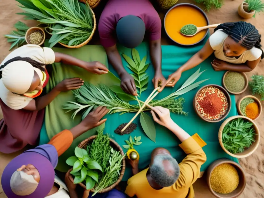 Grupo diverso de sanadores tradicionales intercambiando conocimientos en un vibrante mercado de hierbas y plantas, simbolizando el impacto del tratado de recursos fitogenéticos en la medicina tradicional