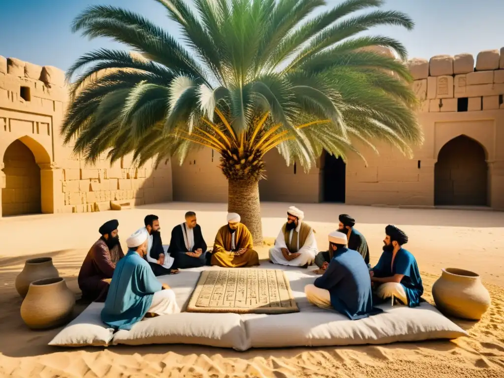 Grupo de eruditos en Mesopotamia discuten sobre medicina tradicional bajo palmera centenaria y tablillas cuneiformes