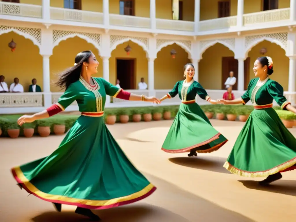 Un grupo baila con gracia en trajes folclóricos en un patio soleado