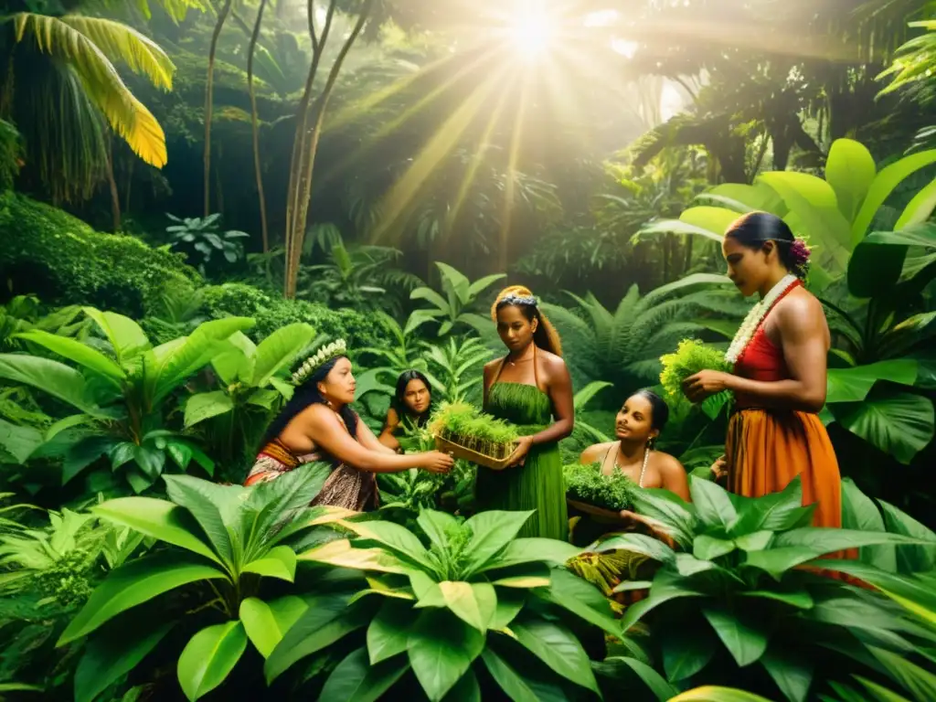 Grupo de herbolarios hawaianos recolectando plantas medicinales en la exuberante selva tropical