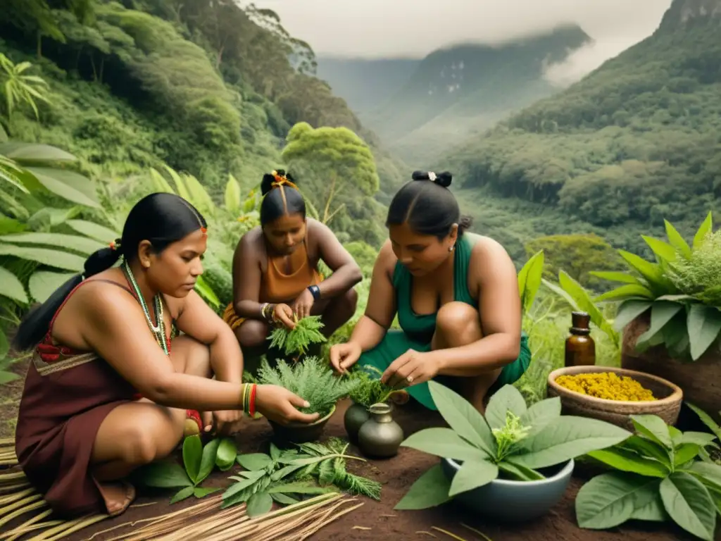 Grupo indígena preparando recetas medicinales ancestrales en la selva exuberante, evocando sabiduría ancestral y relevancia moderna