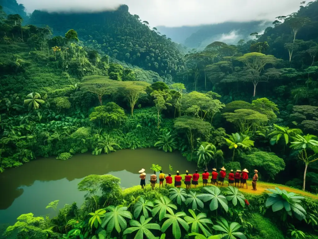 Grupo indígena en la selva amazónica, compartiendo conocimientos sobre plantas medicinales indígenas Amazonas