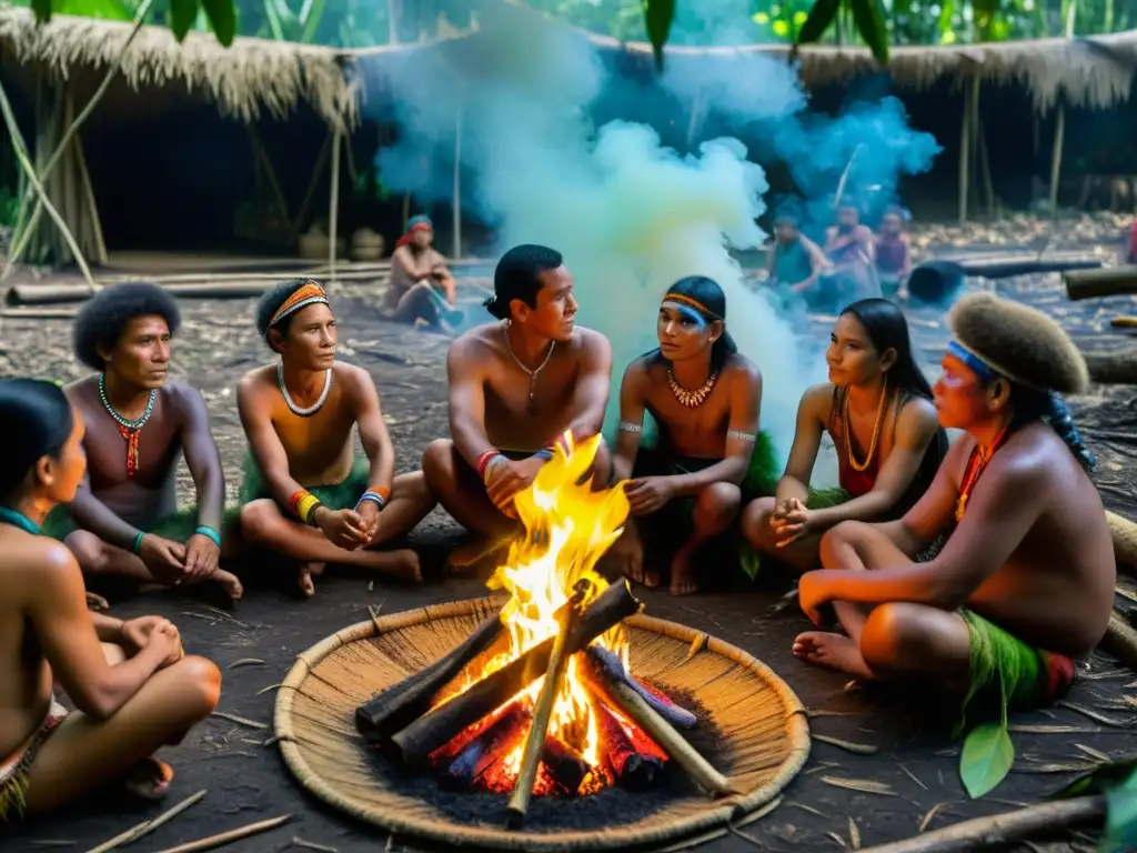 Un grupo de indígenas se reúne alrededor de una fogata en la Amazonía