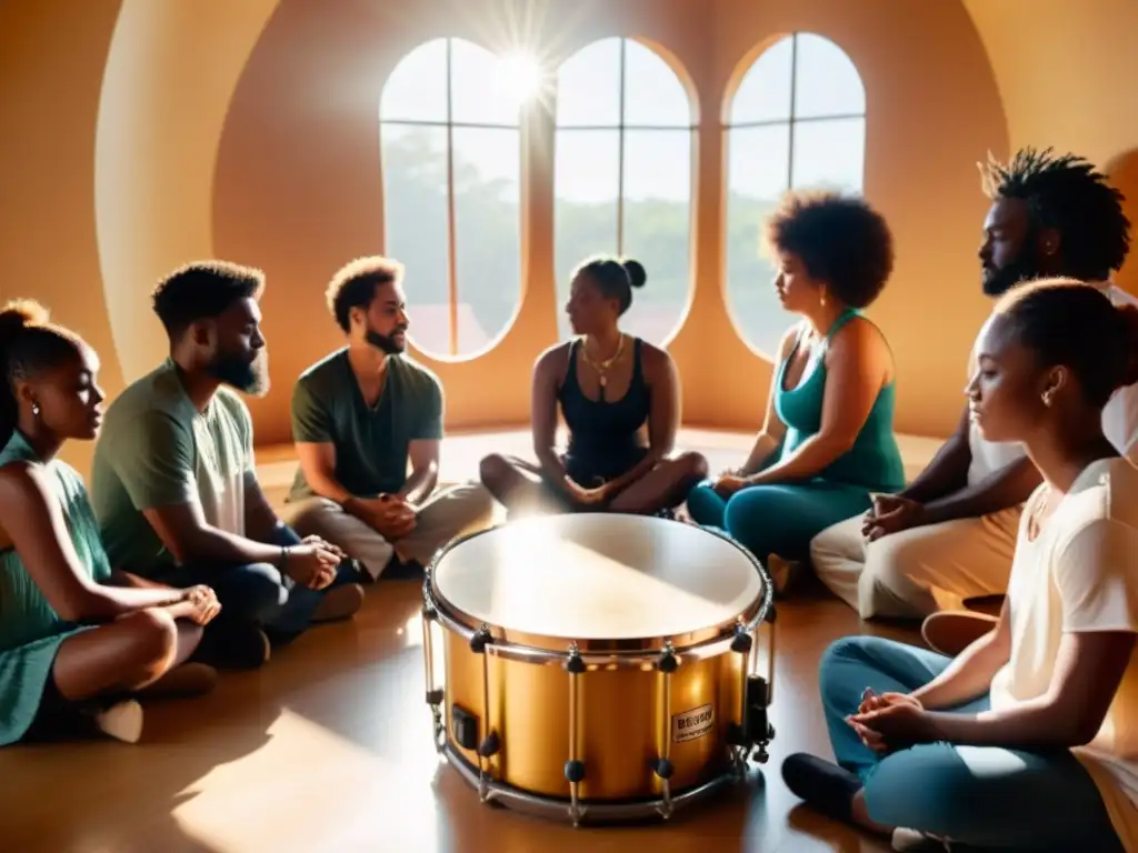 Grupo inmerso en el poder terapéutico del tambor en curación, en sesión de tambor terapia con luz cálida y ambiente vintage