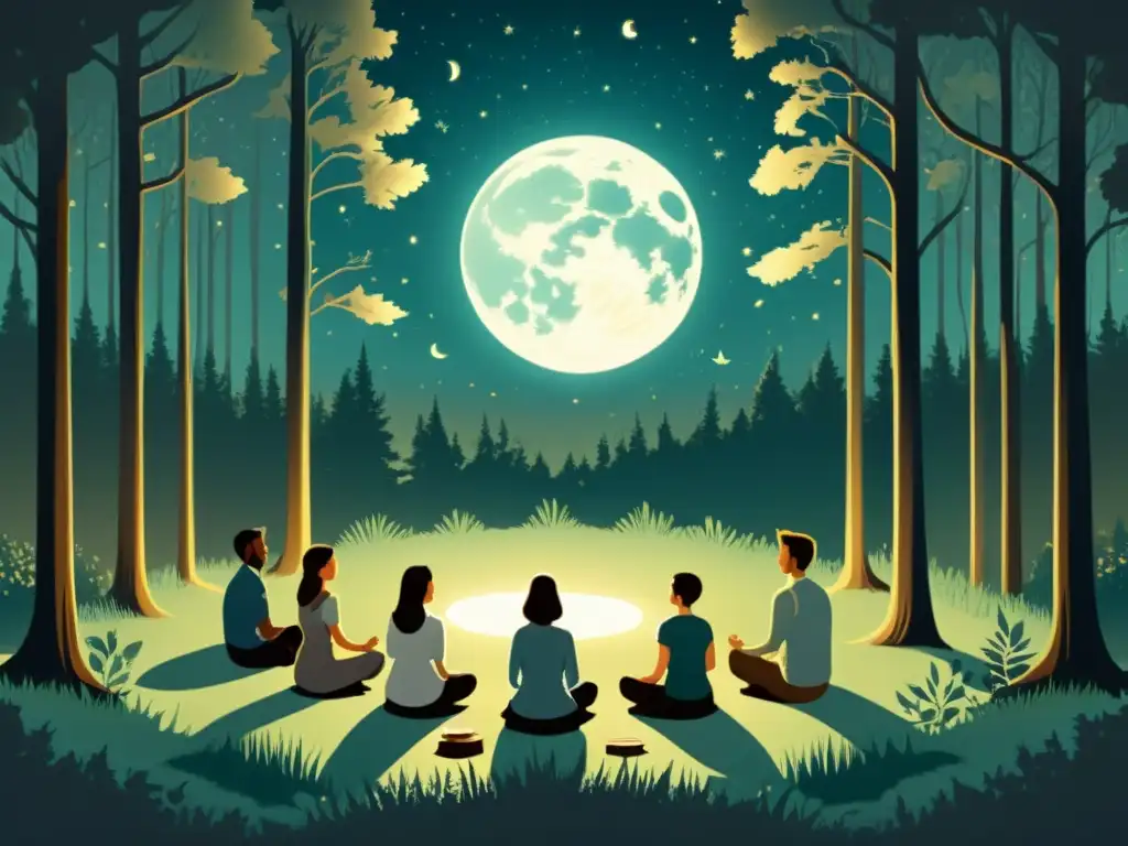 Grupo en meditación bajo la luna en el bosque: Ceremonia del Silencio Sanación Interior