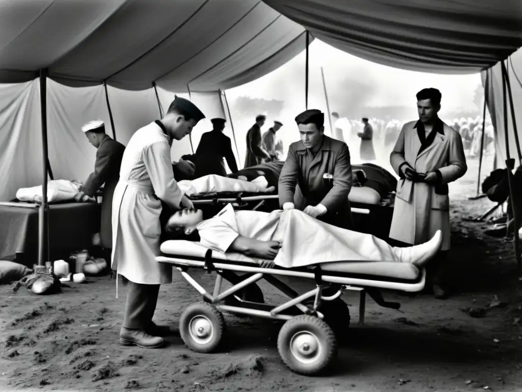 Grupo de médicos y enfermeras atendiendo a soldados heridos en un hospital de campaña en tiempos de guerra