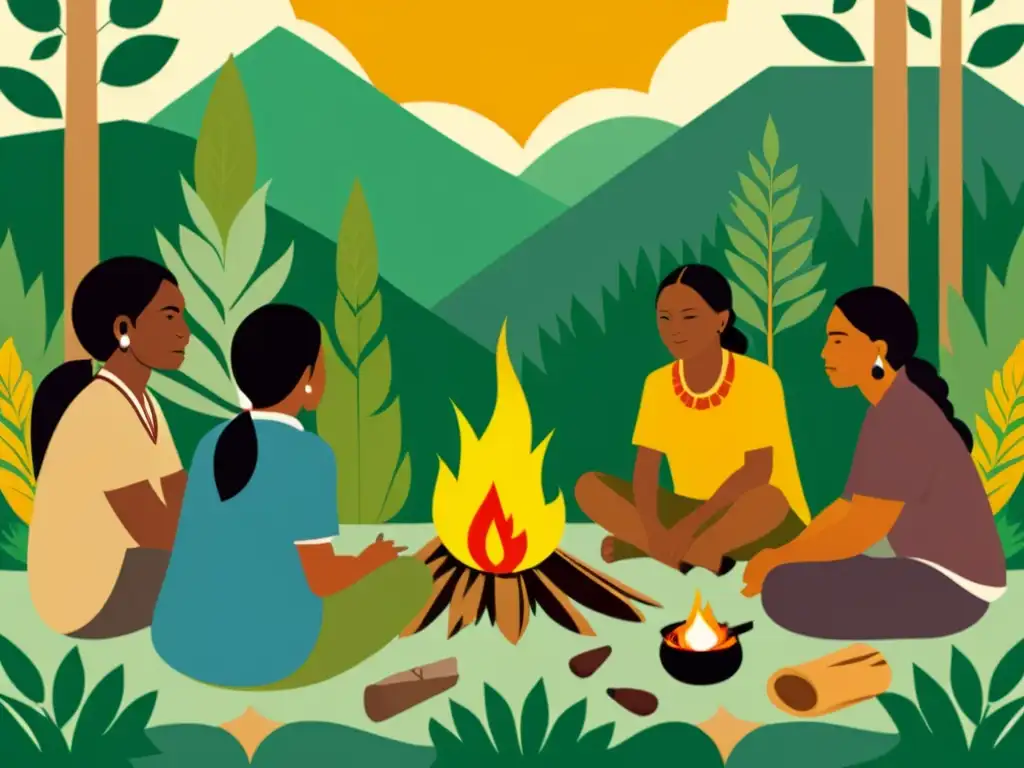 Un grupo de miembros de la comunidad indígena comparte sabiduría medicinal junto al fuego en la selva