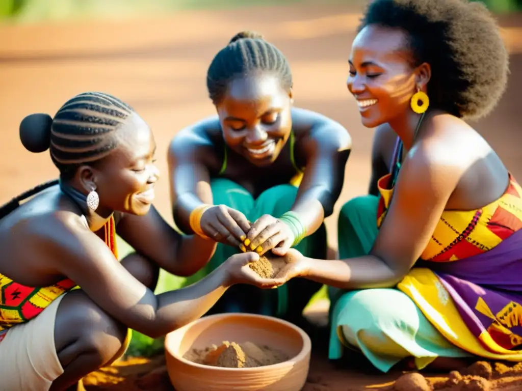 Grupo de mujeres africanas aplicándose arcilla en ritual tradicional