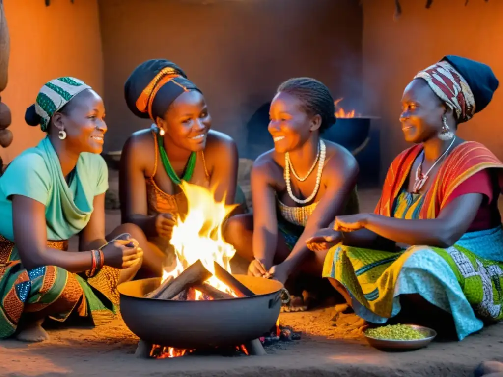 Curanderas africanas preparando remedios tradicionales al anochecer Un grupo de mujeres africanas se reúnen alrededor de un fuego, preparando medicina tradicional africana