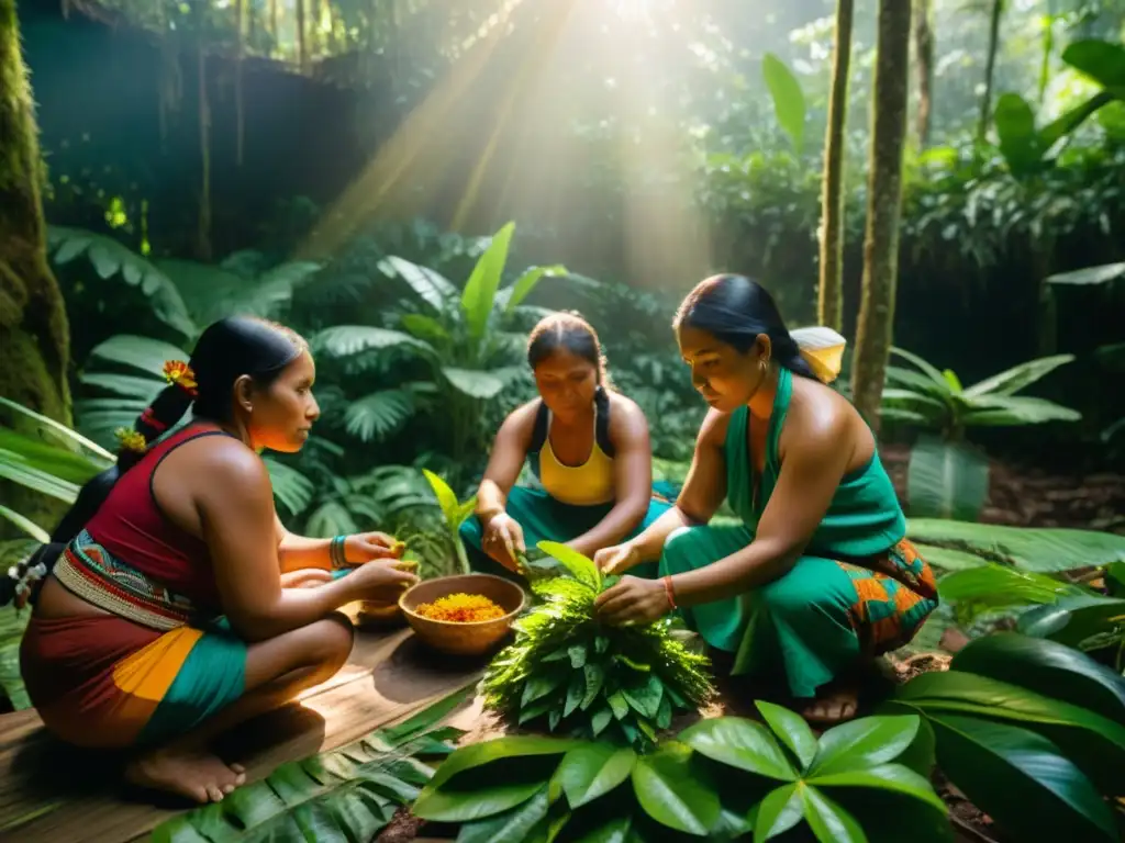 Un grupo de mujeres indígenas amazónicas con conocimientos ancestrales de medicina, preparando plantas medicinales en la exuberante selva