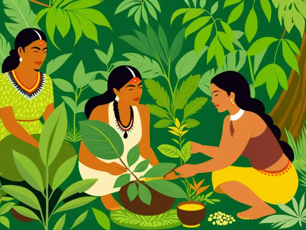 Grupo de mujeres indígenas reuniendo plantas medicinales en la exuberante selva amazónica, mostrando conocimientos ancestrales medicina amazónica mujer