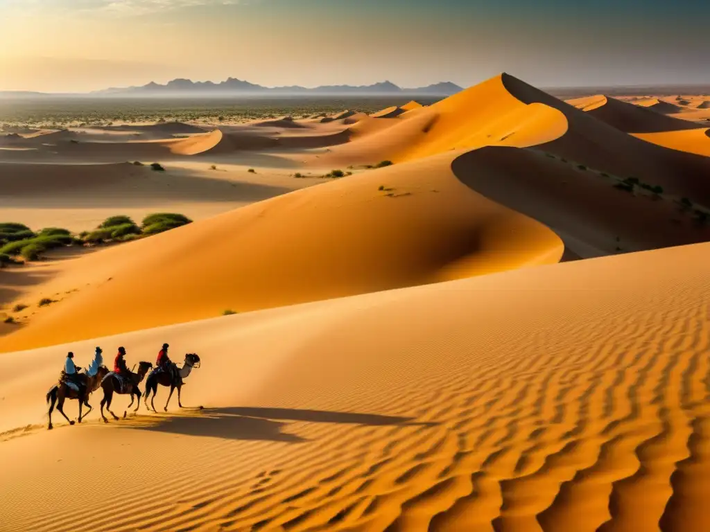 Grupo de nómadas africanos atraviesa el desierto dorado con camellos, evocando la práctica medicinal de pueblos nómadas africanos