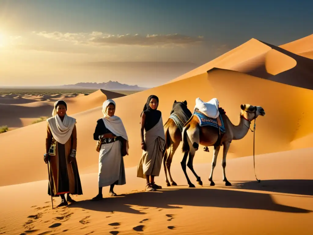 Un grupo de nómadas del desierto con sus camellos, usando equipos de protección en la medicina desértica, bajo el sol del atardecer