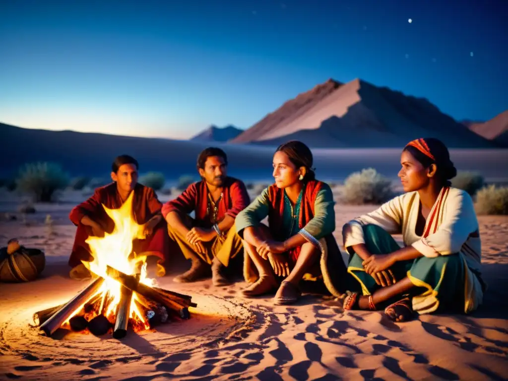 Grupo de nómadas alrededor de fogata en el Sahara, evocando la sabiduría ancestral y las prácticas curativas de la medicina tradicional